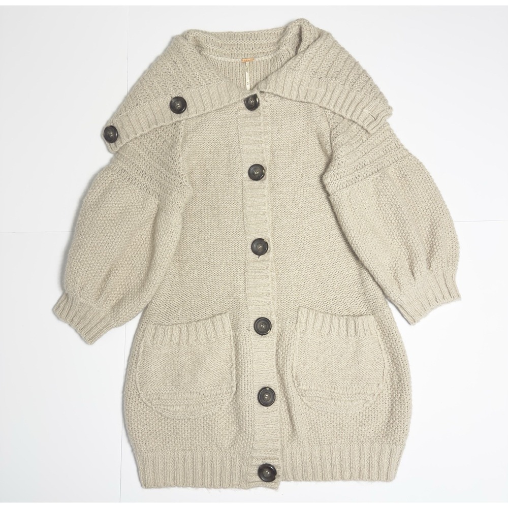 Free People Chunky Knit Button Front Sweater Cozy Boho Cardigan M Shawl Collar
